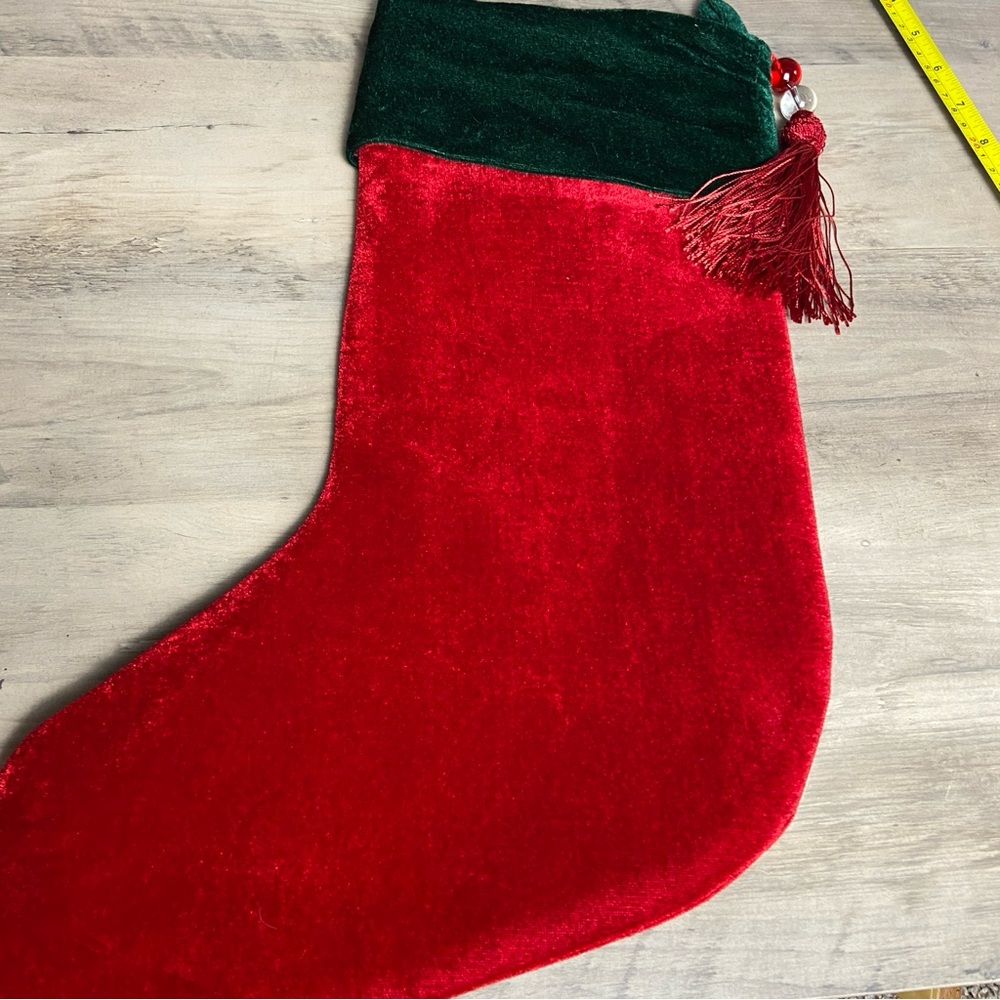 Christmas Stocking Red &‎ Green Velvet With Tassel, Rhinestone Monogram (R) - Picture 6 of 7